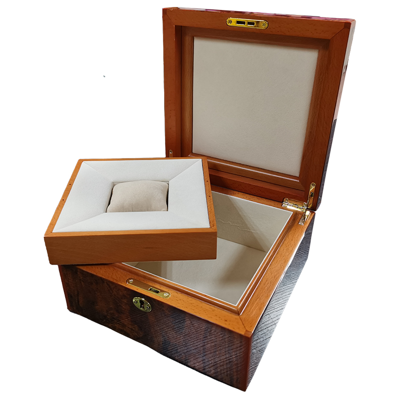 Custom Luxurious Wooden Box Manufacturer High Gloss Lacquer Tree Burl Wooden Watch Box Design Moveable Watch Tray w/storage box